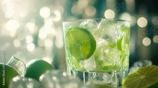 Fototapeta refreshing caipirinha cocktail with vibrant green lime and sugar, glimmering ice cubes catch the light, background soft and blurred to enhance the drink's colors