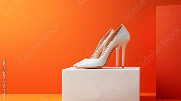 Fototapeta UHD 4K minimal orange and white product display showcasing elegant high-heel shoes on platforms.	