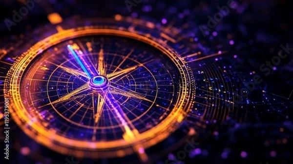 Fototapeta A futuristic compass glows with vibrant orange and purple hues, guiding the way through a digital landscape.