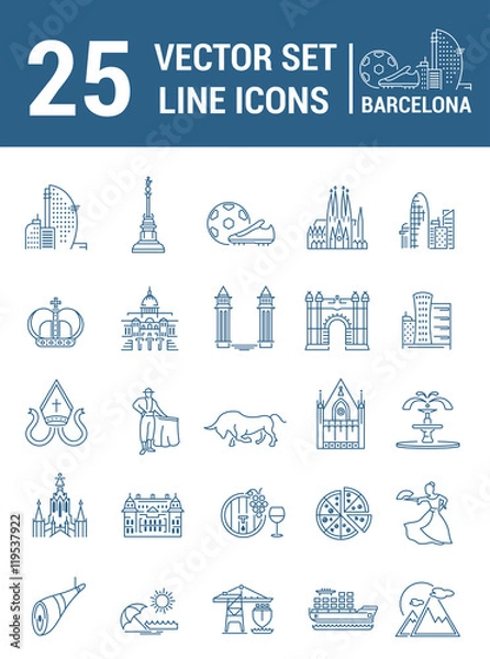 Fototapeta Set vector line icons in flat design with  Barcelona elements