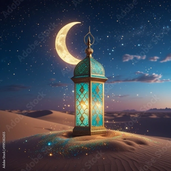 Fototapeta Ramadan Kareem - Arabic Lantern At Night In desert With Crescent Moon And Magic Glittering - Eid Ul Fitr. Generative Ai 
