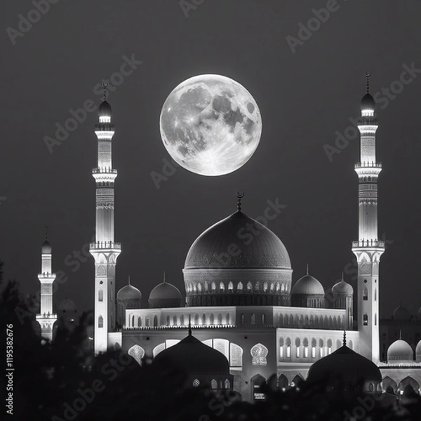 Fototapeta A Ramadan moon and the mosque. Photo of crescent for the occasion of Eid ul fitr. black and white photography generative Ai 