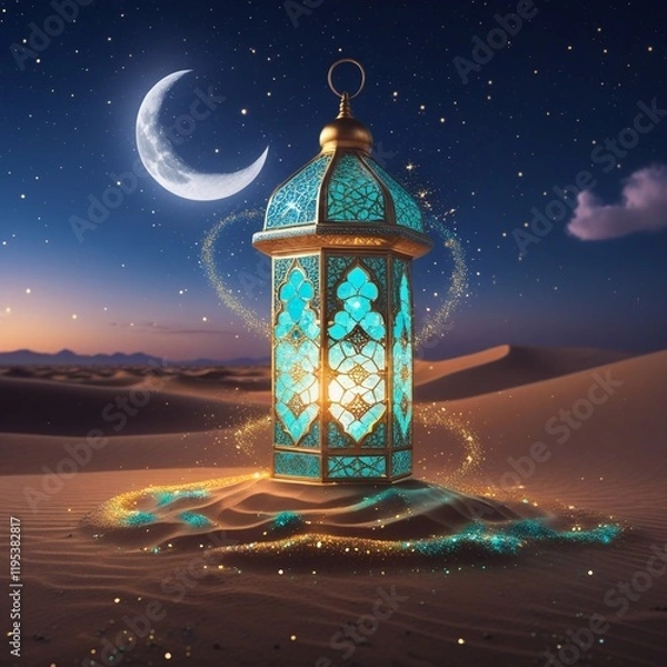 Fototapeta Ramadan Kareem - Arabic Lantern At Night In desert With Crescent Moon And Magic Glittering - Eid Ul Fitr. Generative Ai 