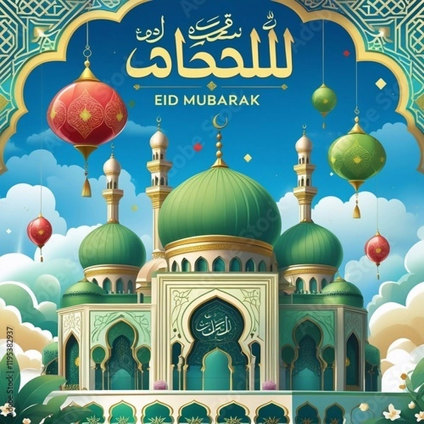 Fototapeta Happy eid al fitr square banner with mosque illustration generative Ai 