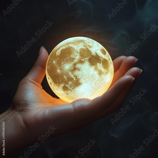 Fototapeta A Half-illuminated moon in hand. Ramadan and Eid Greetings concept. Muslim Holidays and Eid-Ul-Adha festival celebration. Generative Ai 