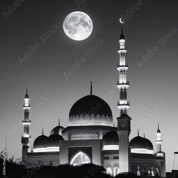 Fototapeta A Ramadan moon and the mosque. Photo of crescent for the occasion of Eid ul fitr. black and white photography generative Ai 