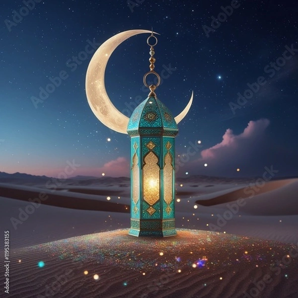 Fototapeta Ramadan Kareem - Arabic Lantern At Night In desert With Crescent Moon And Magic Glittering - Eid Ul Fitr. Generative Ai 