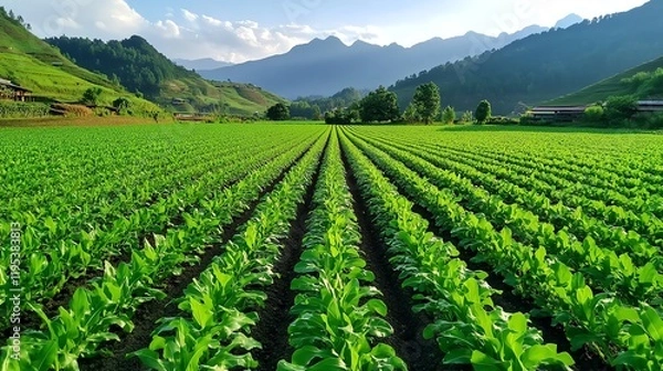 Fototapeta Rows of corn growing in a backyard garden, countryside simplicity and traditional farming