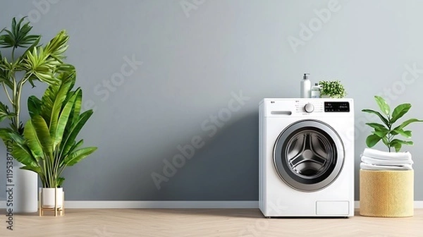 Fototapeta Compact and Efficient Laundry Room Design with Stacking Washer Dryer Unit Shelving and Decorative Plants for a Modern and Organized Home Space