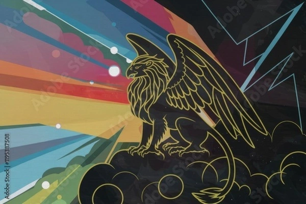 Fototapeta A majestic griffin, outlined in gold, sits atop a dark cloud against a vibrant, multicolored, cosmic backdrop.