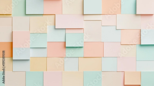 Fototapeta Colorful paper squares arranged in creative pattern, showcasing pastel shades. This vibrant backdrop adds playful touch to any design project