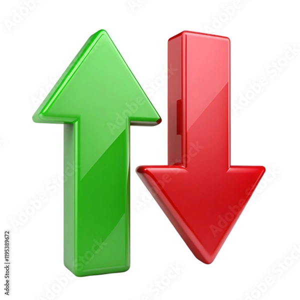 Fototapeta Shiny Green Up Arrow Red Down Arrow 3D Graphic icon sign trend stock chart glossy design  