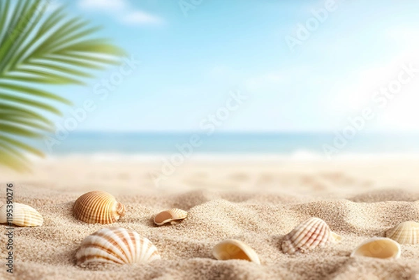 Obraz Seashells on Sandy Beach Background