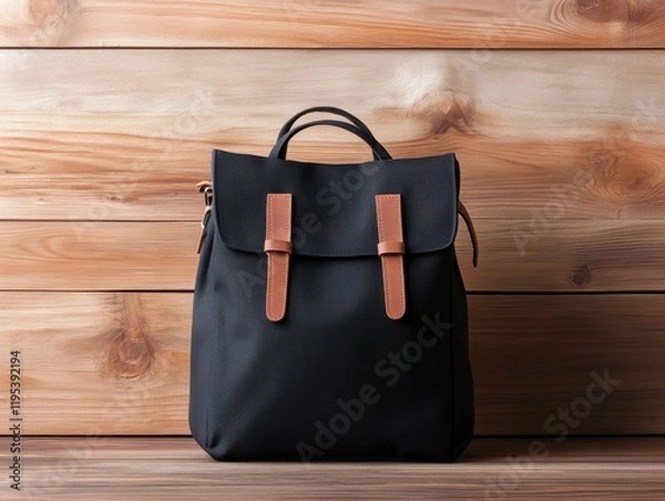 Fototapeta A stylish black backpack with leather straps displayed against a rustic wooden background. product presentation mockup.