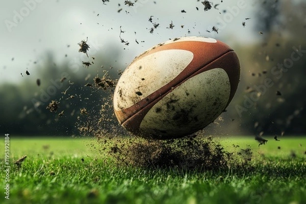 Obraz A rugby ball being forcefully slammed into the green grass, sending dirt flying in an intense moment of the game
