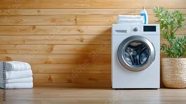 Fototapeta Minimalist and Efficient Laundry Closet Design with Sliding Wooden Panels and Modern Washing and Drying Appliances in a Cozy Organized Home Interior