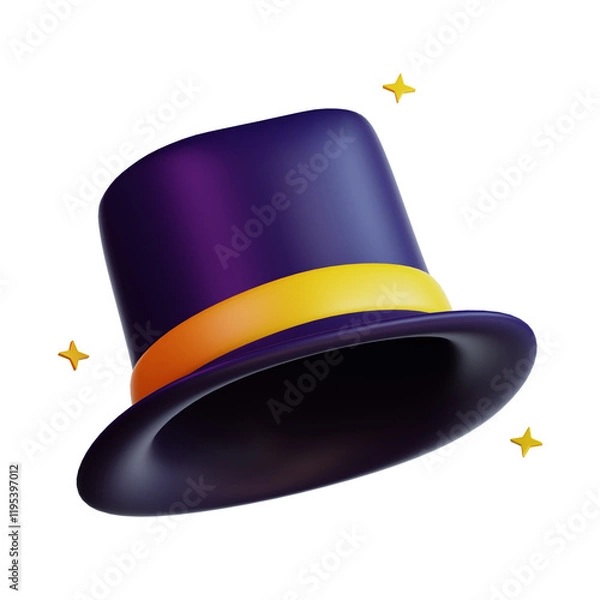 Obraz 3d Purple magic hat with yellow band adorned with yellow stars on a dark background, perfect for childrens accessories and fashion concepts.
