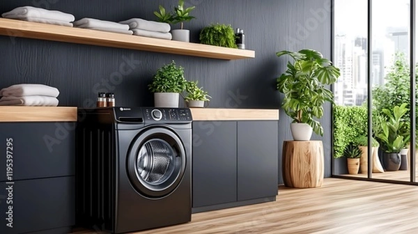 Fototapeta Sleek and Stylish Ultra Modern Laundry Room with Glossy Black Finishes and Integrated Greenery  A minimalist and functional design with high end appliances ample storage