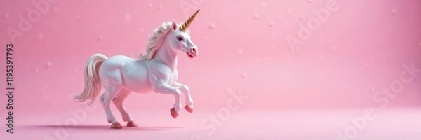 Obraz A whimsical unicorn figurine prancing gracefully against a soft pink background.