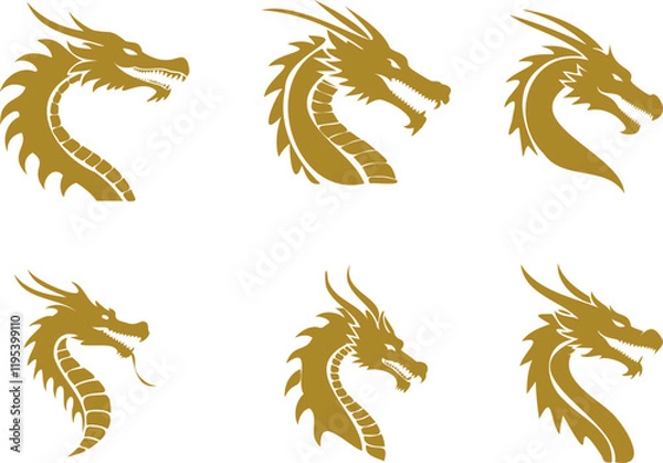 Fototapeta dragon head golden silhouette set illustration, side view for icon logo