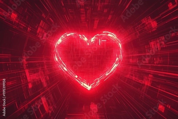 Fototapeta Digital red heart with futuristic glowing light effect and abstract lines