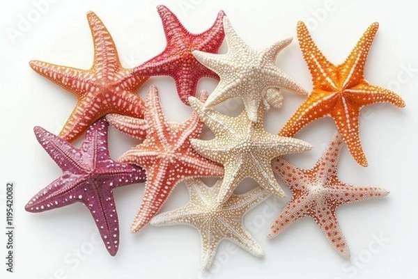 Fototapeta The image, captured from a top-down perspective, shows several starfish scattered across a clean white background. 