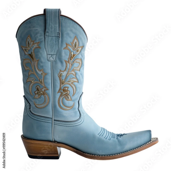 Obraz Sleek women's cowboy boots in light blue denim with elegant embroidery, showcased on a transparent background to highlight their stylish and modern design.