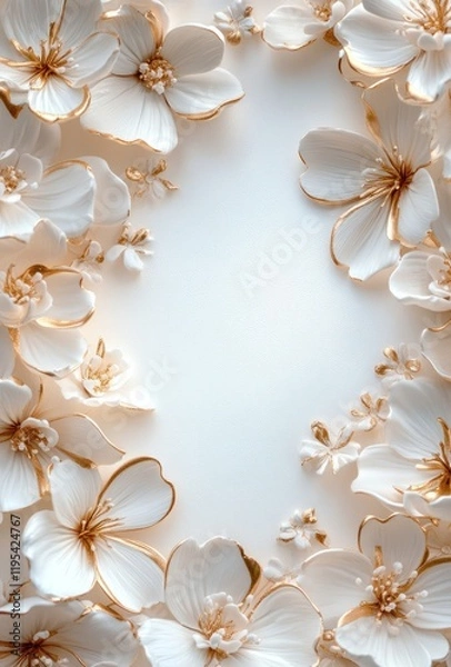 Obraz White flowers with gold edges border a light background; use for elegant backdrop