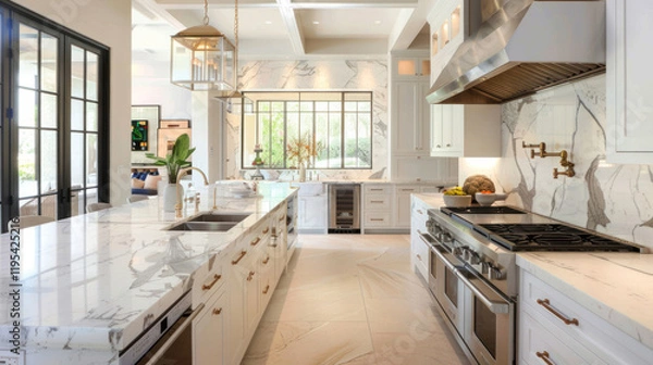 Fototapeta A sleek and minimalist kitchen design with marble countertops and high-tech appliances in a bright, airy space