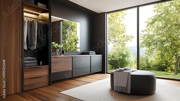 Fototapeta Elegant and minimalist modern dressing room featuring custom built wooden cabinets with sliding doors
