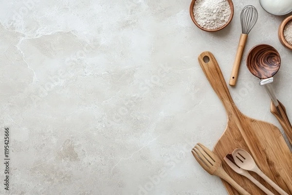 Fototapeta Rustic Kitchen Utensils and Ingredients Arranged on a Light Surface