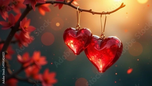 Obraz Glistening heart-shaped ornaments hanging from a tree branch amidst soft, glowing lights.