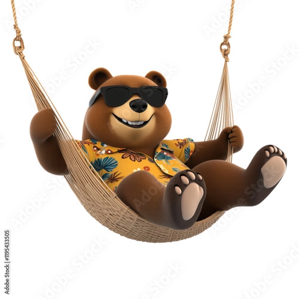 Obraz Charming cartoon brown bear relaxing in a hammock with sunglasses and a tropical shirt on a transparent background