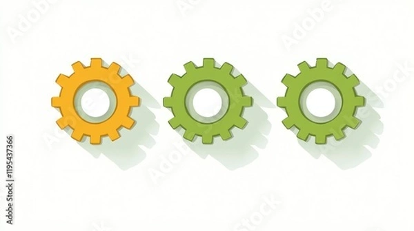 Fototapeta Three colorful gears interlocked, representing teamwork, mechanism, and process.