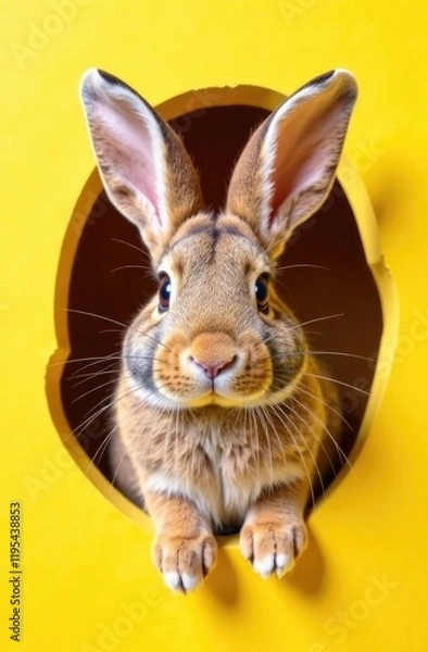Fototapeta A rabbit crawls out of a hole in a yellow wall. Easter concept.