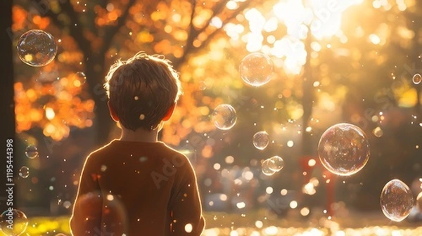 Obraz A boy blowing bubbles in a sunny park, the 3D bubbles reflecting light and 2D sparkles dancing as they float upward