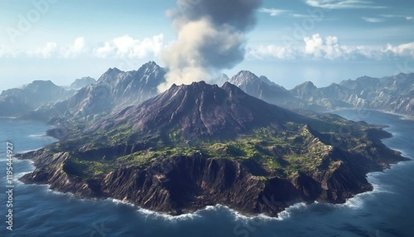 Fototapeta A volcanic island with rugged terrain and smoke gently rising from its peak