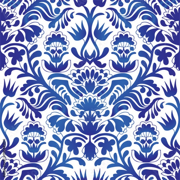 Fototapeta Traditional Russian vector seamless pattern in gzhel style. Can be used for banner, card, poster, invitation, label etc.
