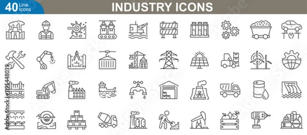 Fototapeta Industry line icons set. Related construction, technology, energy, and more. Vector illustration collection representing diverse sectors and professions.