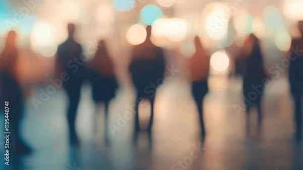 Fototapeta Blurred silhouettes of people in a brightly lit space.