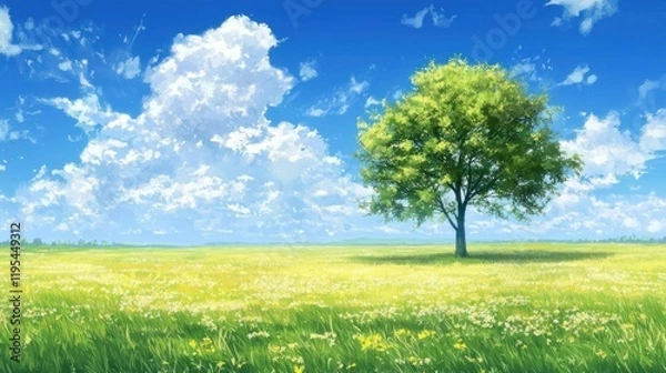 Fototapeta Solitary Tree in a Vibrant Spring Meadow Under a Sunny Sky