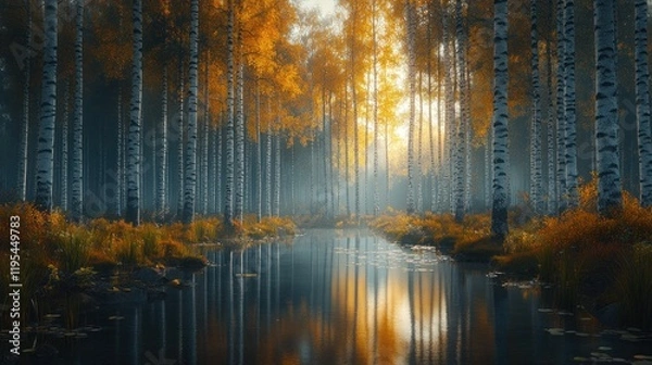 Fototapeta Autumnal forest stream, sunbeams reflecting on water, tranquil fall scene.