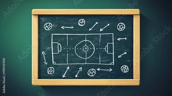 Fototapeta A tactical soccer strategy design featuring a chalkboard with arrows illustrating an offensive play on a field. Classy vector blackboard illustration showcasing game plans for football management
