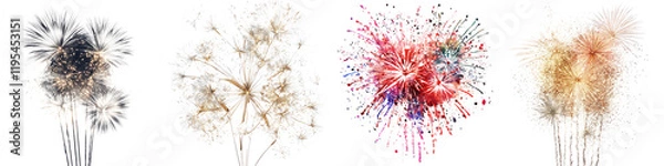 Fototapeta Faded fireworks display – Fireworks that are no longer visible, symbolizing the end of the celebrations and the return to normal life. Isolated on Clear White Background Highly Detailed 