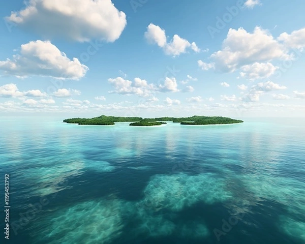 Fototapeta An island chain in the middle of a calm sea, with emerald waters and scattered clouds