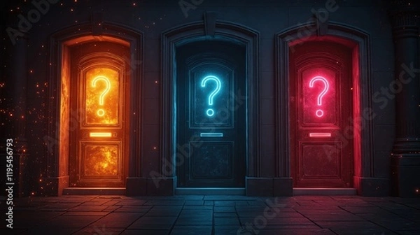 Fototapeta Three colorful doors illuminated with neon question marks, each glowing in orange, blue, and red hues, creating a mysterious and vibrant atmosphere.