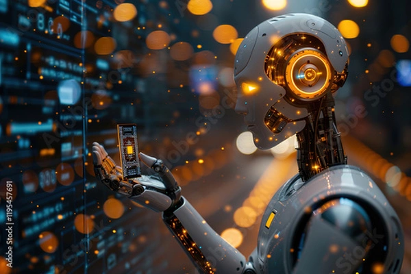 Fototapeta A robot arm holds a glowing chip while analyzing data on futuristic screens nearby