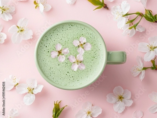 Fototapeta green tea matcha relaxation concept, A pastel green cup of frothy matcha latte topped with delicate pink flowers, surrounded by white petals on a soft pink background.