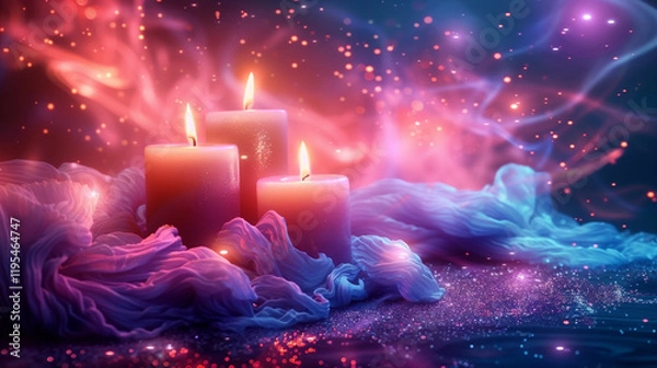 Fototapeta A magical scene of three candles with glowing flames surrounded by mystical swirls and sparkling particles on a dark, ethereal background