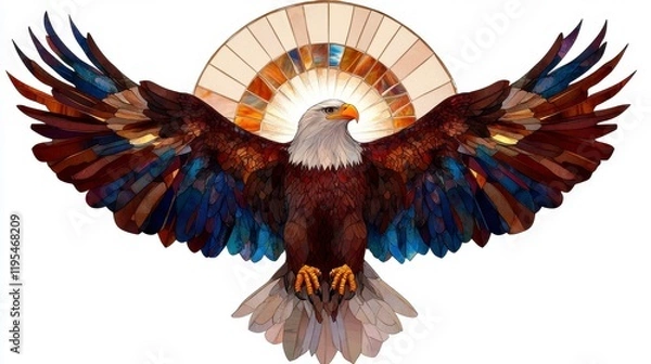 Fototapeta Eagle Elegance in Stained Glass, vibrant watercolor clipart showcasing majestic eagles on a pristine white background, high-resolution clarity.